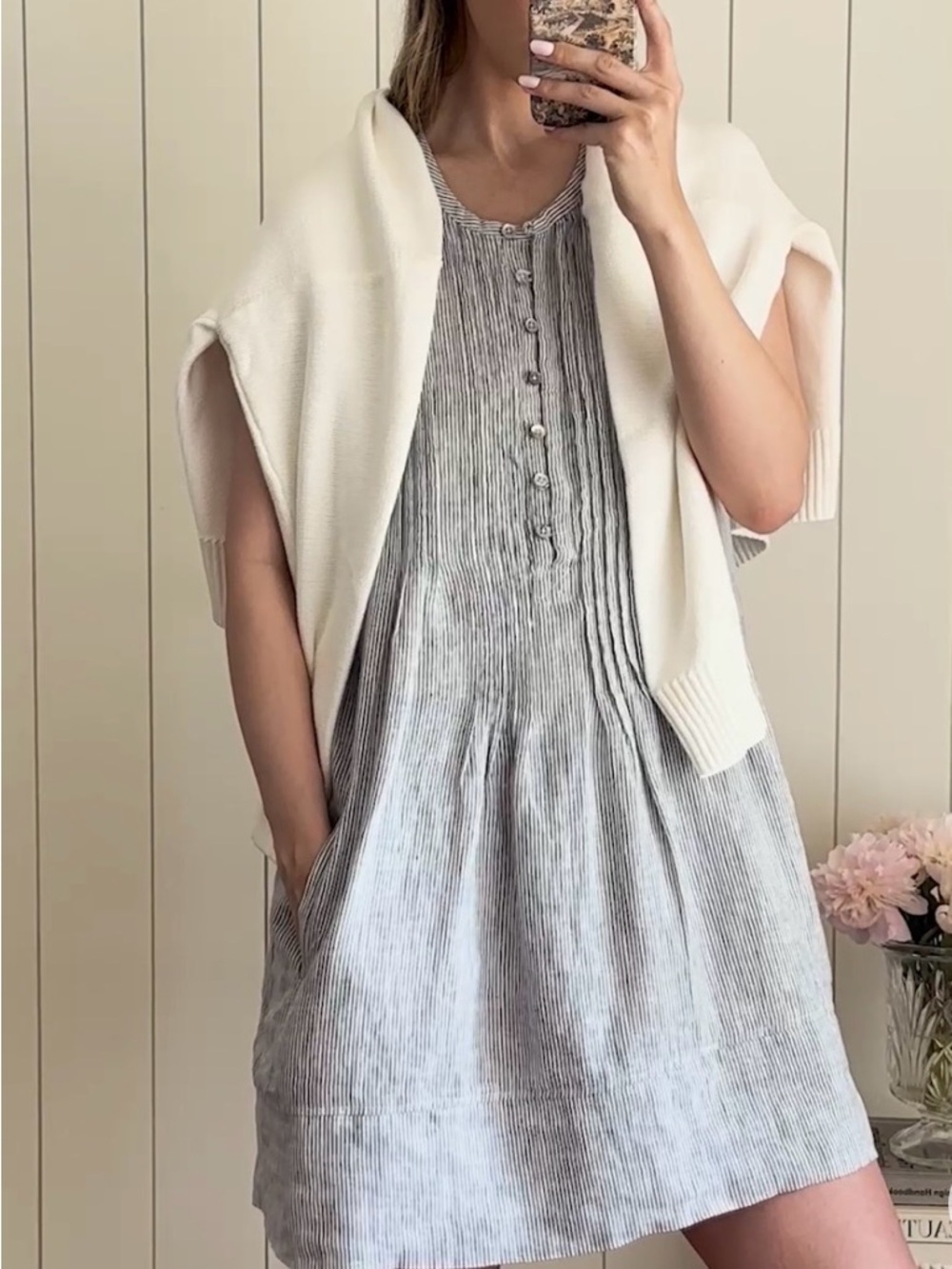 Quince Cream Sweater & Light Gray Striped Shift Dress